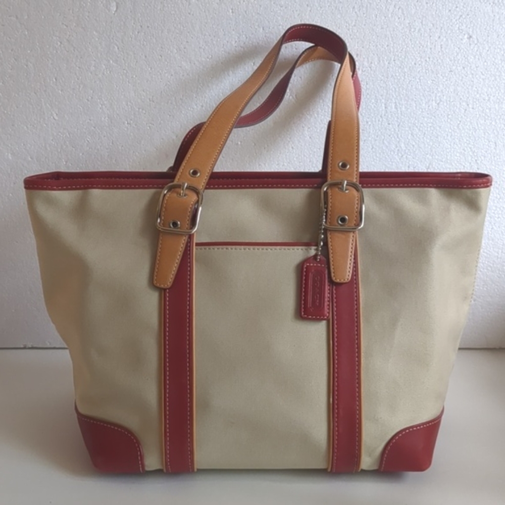 M.Day Sale🔥🎆.....Coach Red Leather Trim Satchel Canvas Bag Buy Now!